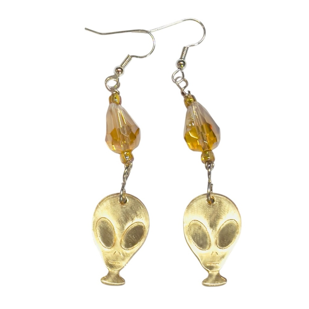 HANDCRAFTED Laser Acrylic ALIEN Face And CRYSTAL GLASS Bead Earrings